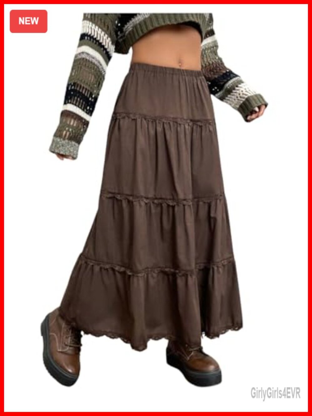 Women's Tiered Ruffle Swing Maxi Skirt Elastic Waist Lace Trim A Line Long